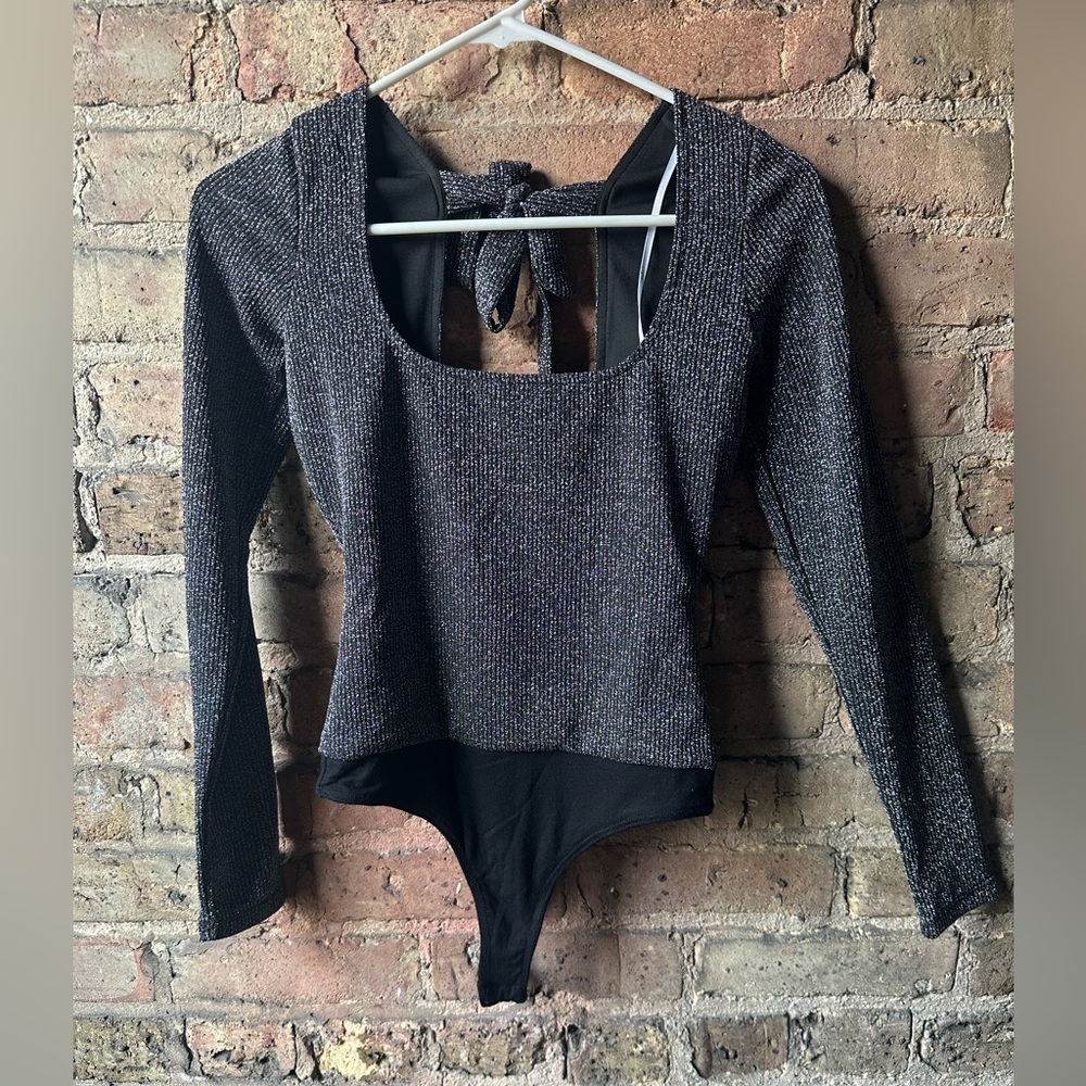 Lulu's Shimmering Black Long Sleeve Bodysuit